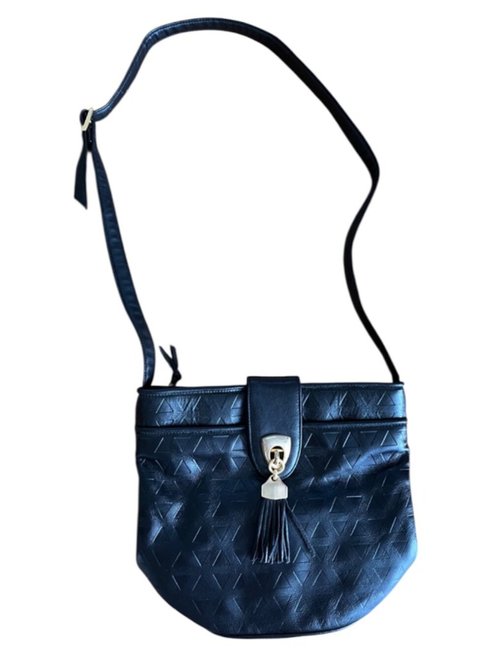 Vintage 1980s Black Leather Crossbody Bag with Gold Tone Hardware